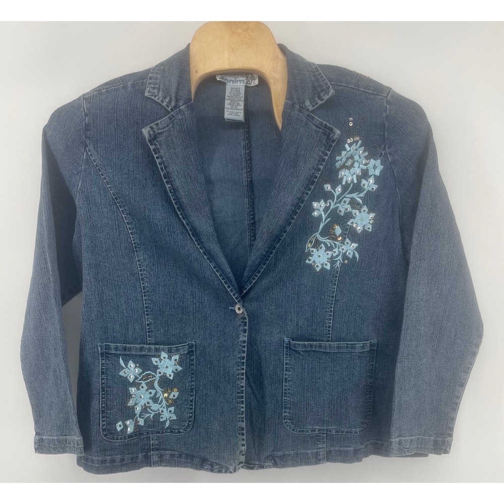 Denim 24/7 Blazer Jacket Womens 20W Blue Floral Embroidered Sequin Embellished